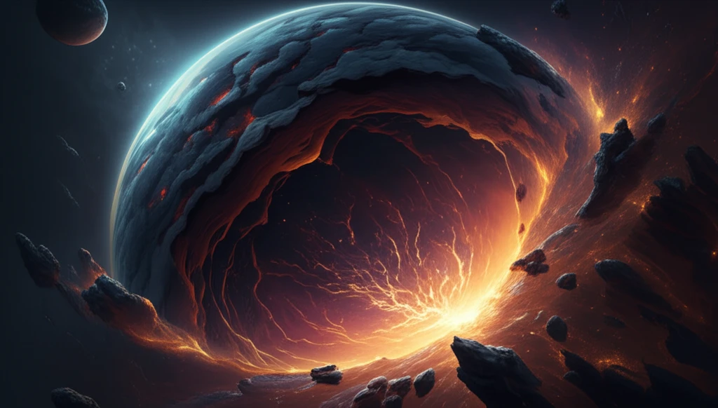Surreal illustration of planetary core with carbon flowing into mantle, sulfur symbolism.