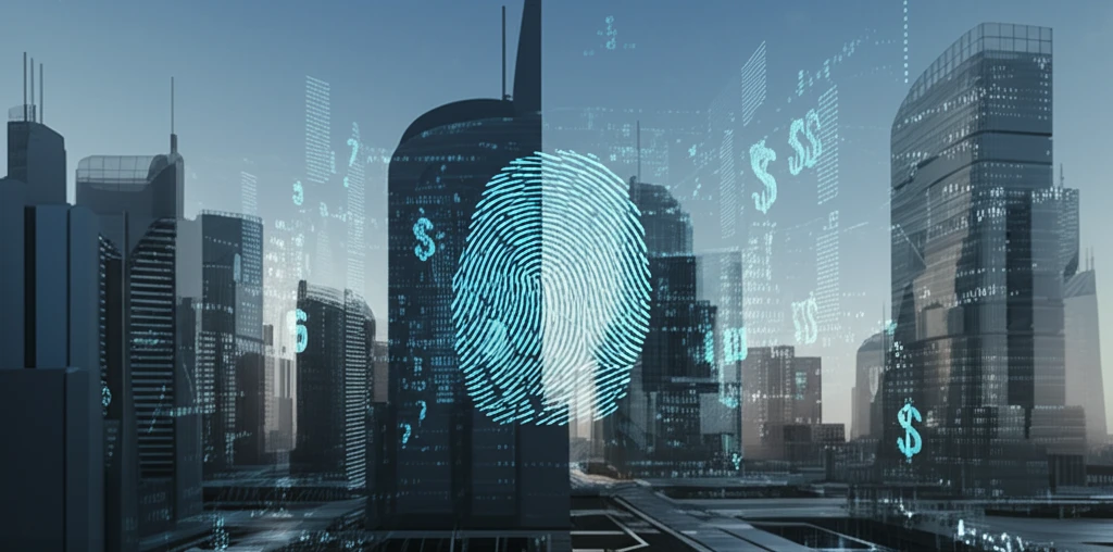 Futuristic cityscape with holographic fingerprints overlaid
