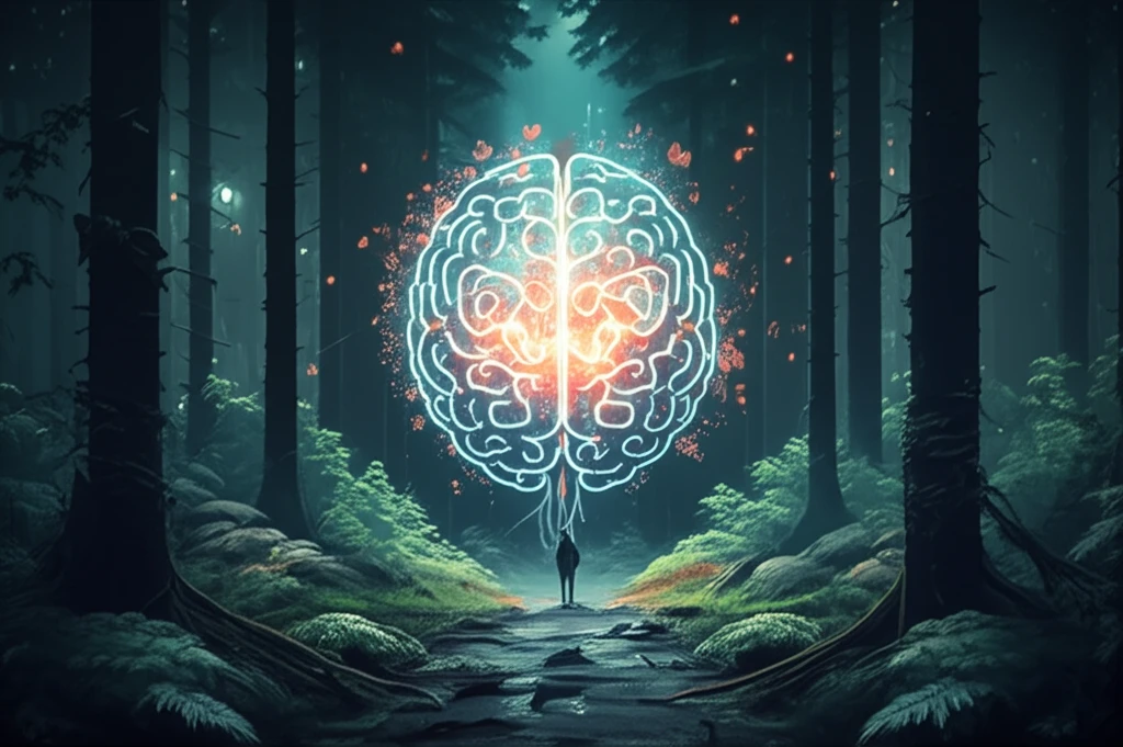 Brain-shaped maze in a forest representing mental health therapy.