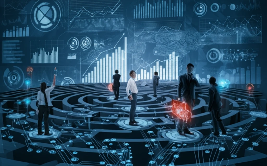 Diverse leaders navigating a data maze.