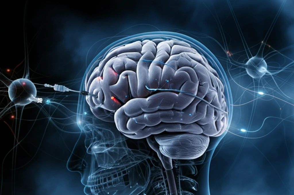 Futuristic illustration of brain with catheters and stents, symbolizing stroke treatment innovation.