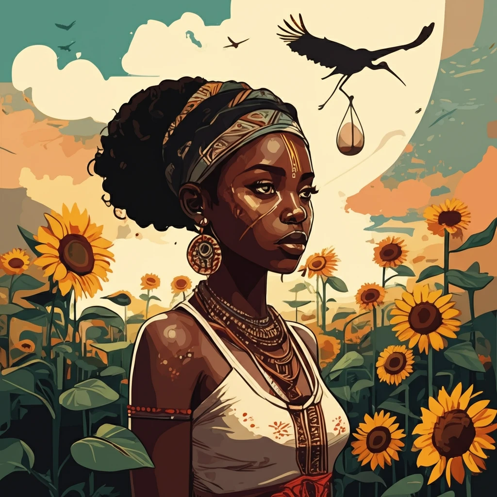 A young African girl amidst sunflowers, symbolizing fertility and the future, with a stork carrying an egg, representing egg donation.