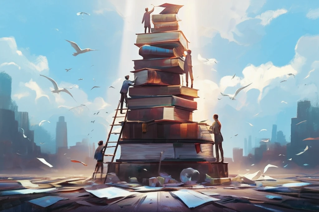 Diverse university professors building a tower of books, symbolizing knowledge and growth.