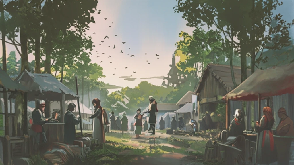 A bustling medieval Finnish marketplace with land deeds being exchanged.