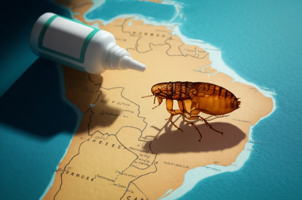 A bottle of flea and tick medication casting a shadow of a kissing bug over South America.