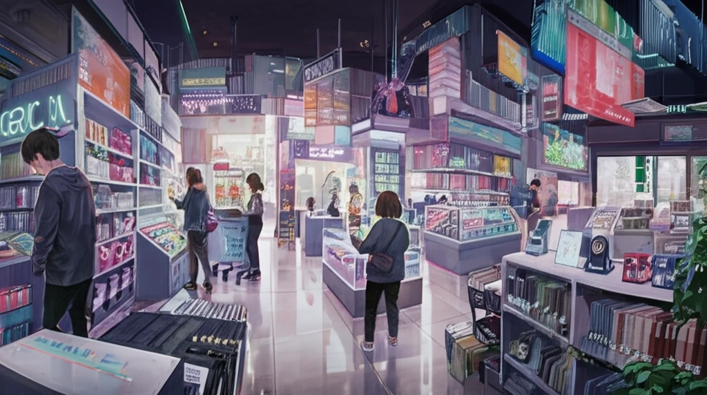 Futuristic retail store with customers interacting with products and digital interfaces, representing the omnichannel shopping experience.