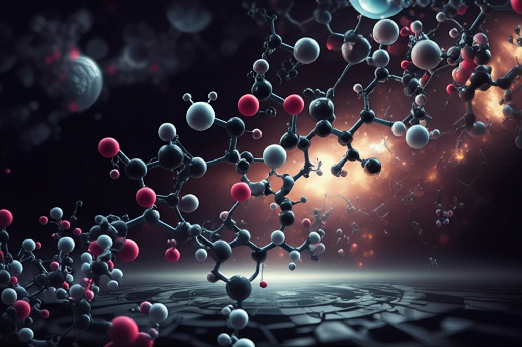Molecular dance of chemical reactions in a futuristic lab.