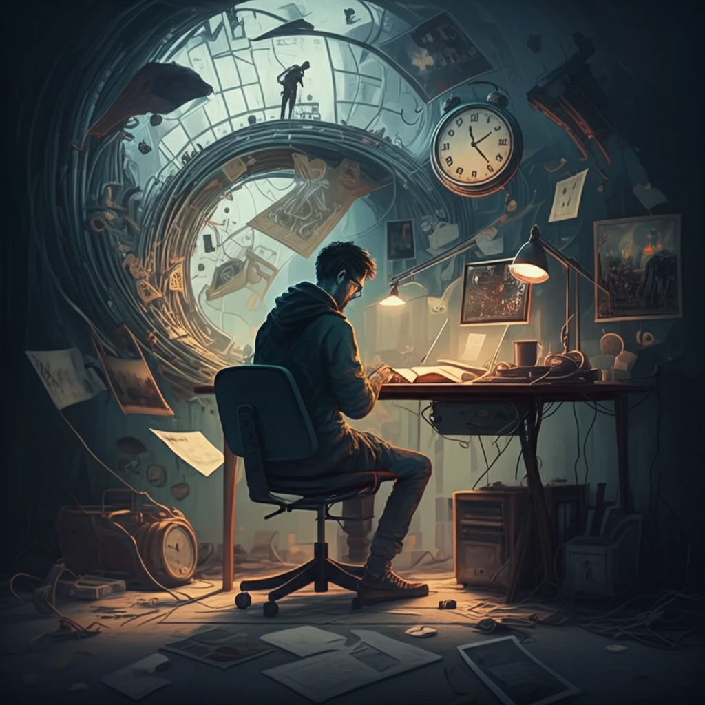 A person writing an autobiography, with scenes from their life swirling around them, illustrating the concept of the chronotope.