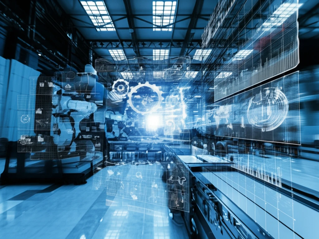 Futuristic assembly line with digital overlay