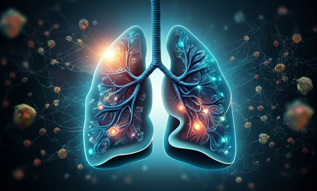 Abstract digital illustration of lungs showing metabolic pathways in healthy and diseased states.