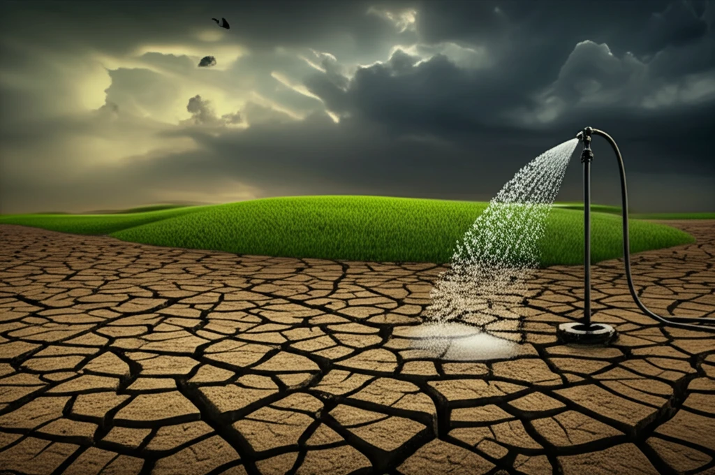 Surreal illustration of saline irrigation impact on agriculture.