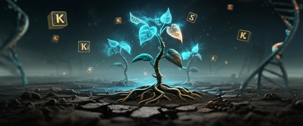Glowing bean plants with DNA roots symbolize enhanced nutrition through genetic insights.