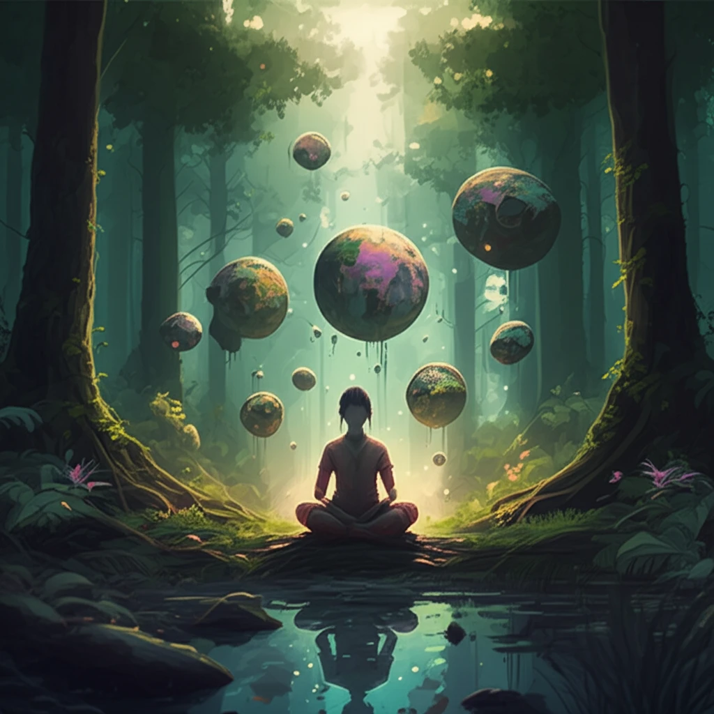 Serene child meditating in a lush green forest, surrounded by glowing orbs.