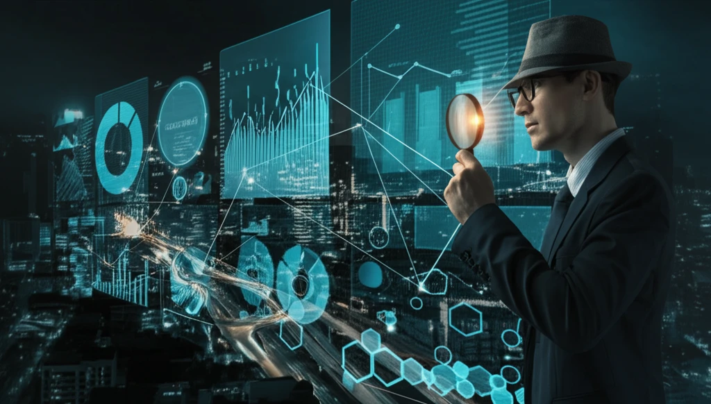 Detective examining a financial chart with a magnifying glass, symbolizing attribution linking.