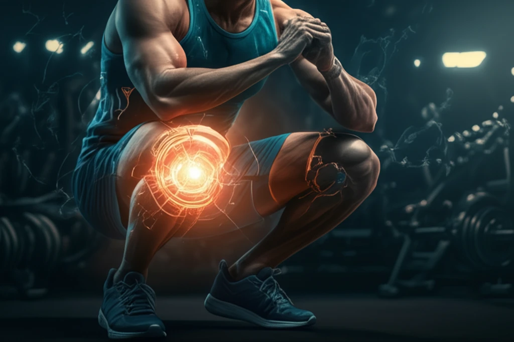 Athlete's knee glowing with energy during eccentric exercise.