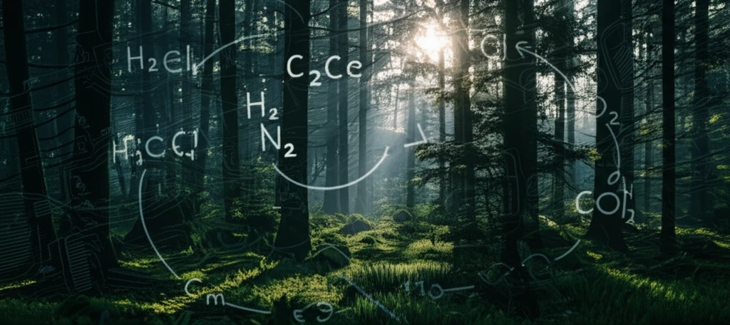 Lush forest with a carbon cycle overlay, symbolizing the connection between forest age, climate, and carbon storage.