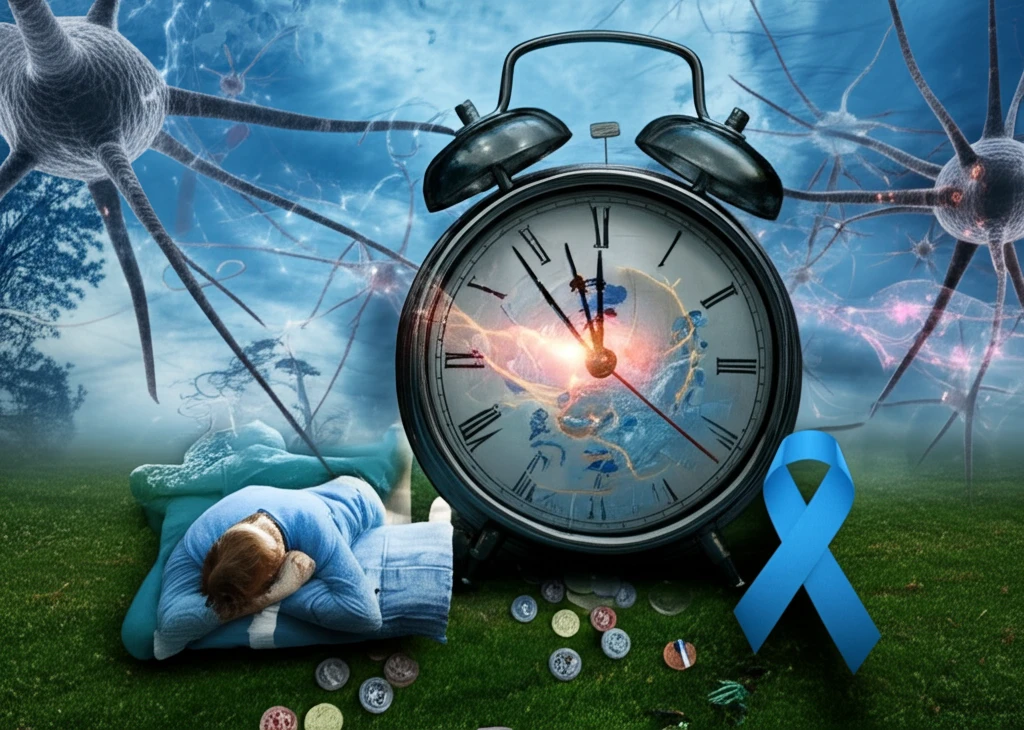 Surreal illustration of daytime sleepiness in Parkinson's disease, with neurological and dream-like imagery.