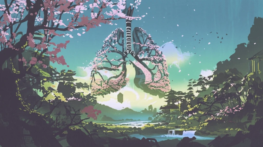 Symbolic illustration of healthy lungs with cherry blossoms, representing hope and renewed health in an Asian setting.