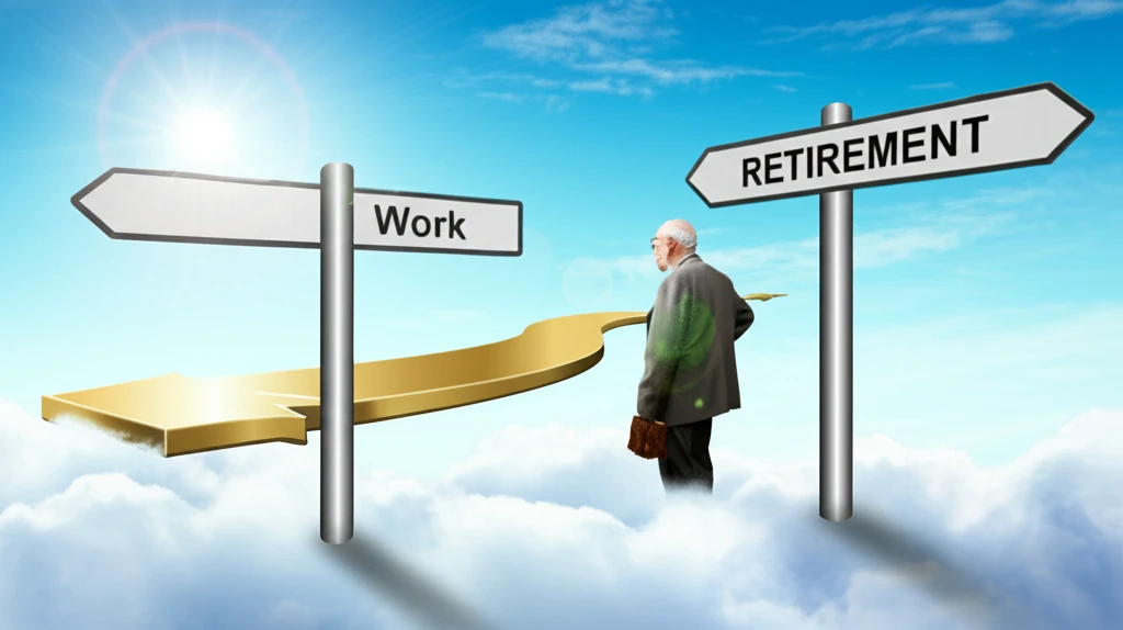 An older adult at a crossroads, contemplating the paths of work and retirement.