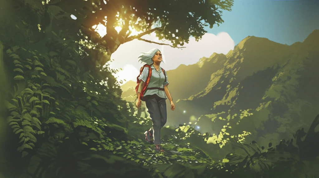 Smiling senior woman hiking on a mountain trail.