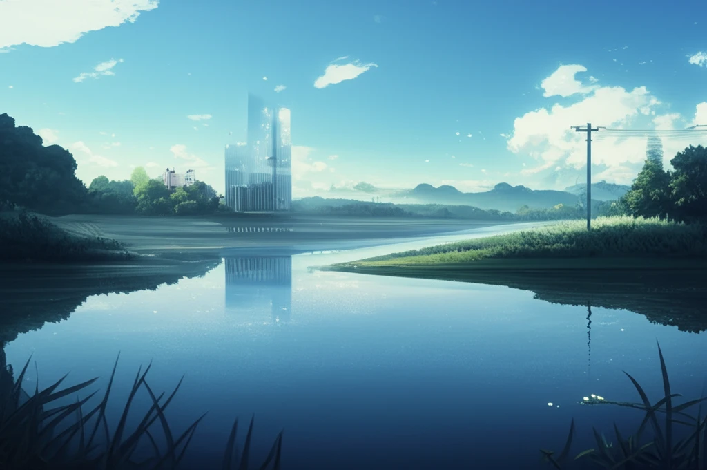 Reservoir reflecting a polluted sky transforming into a clear sky