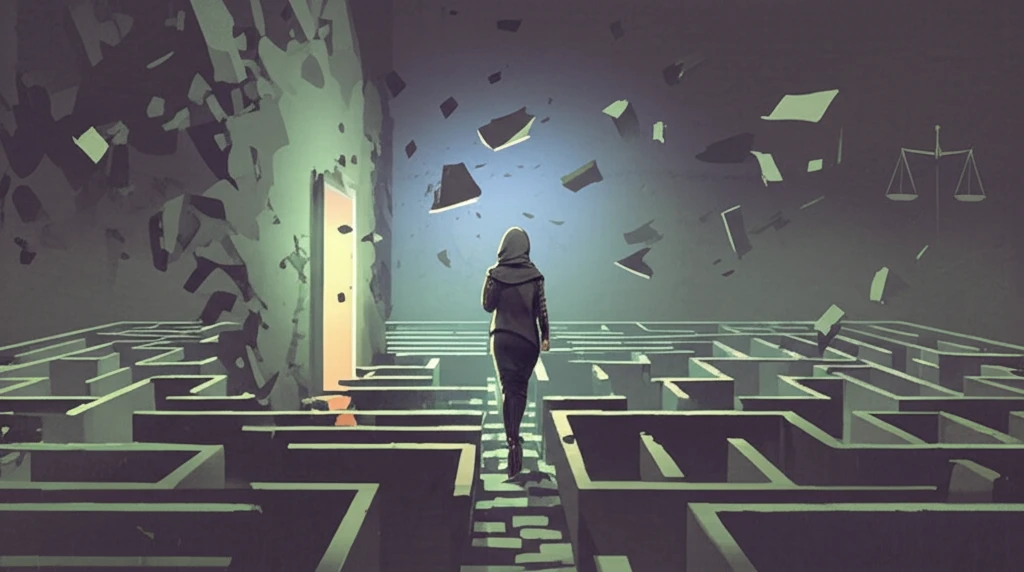 Woman navigating a maze towards freedom, representing Khul' divorce rights.