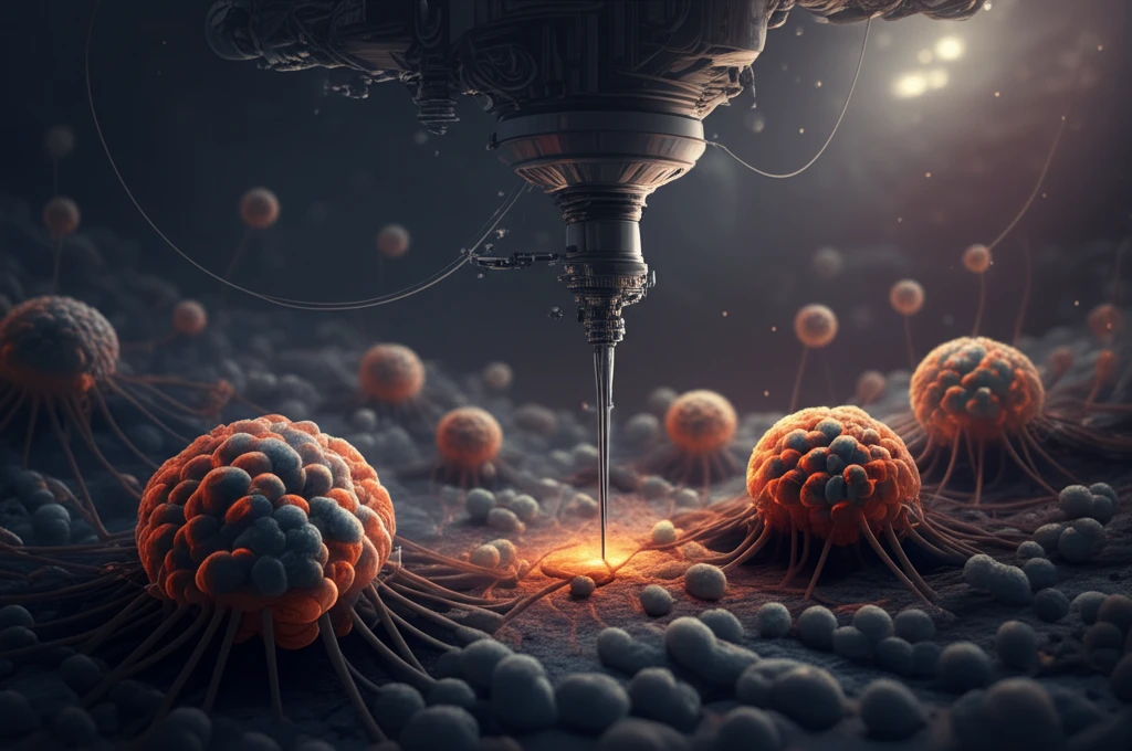 Surreal illustration of cancer cells being probed by Atomic Force Microscopy, highlighting altered elasticity.