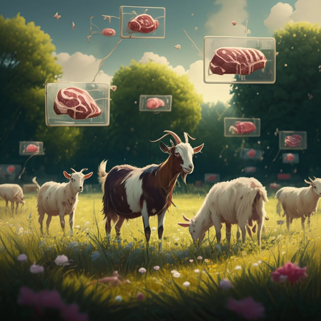 Goats graze peacefully beneath floating diagrams illustrating meat composition.