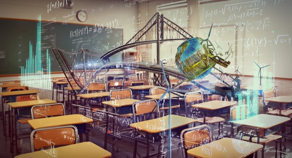 Surreal classroom scene merging math equations with real-world applications.