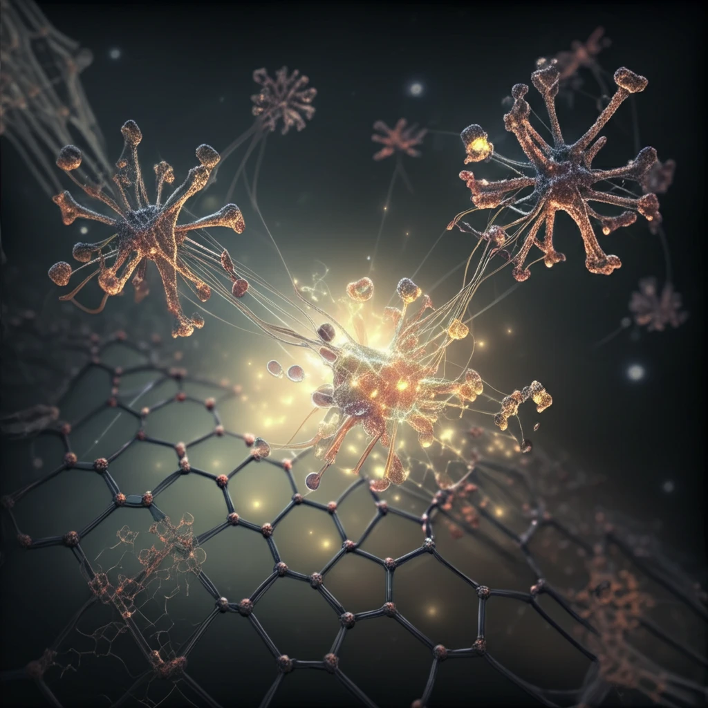 Illustration of interconnected molecular structures with glowing electrochemical signals and a graphene oxide lattice, representing protein kinase detection technology.