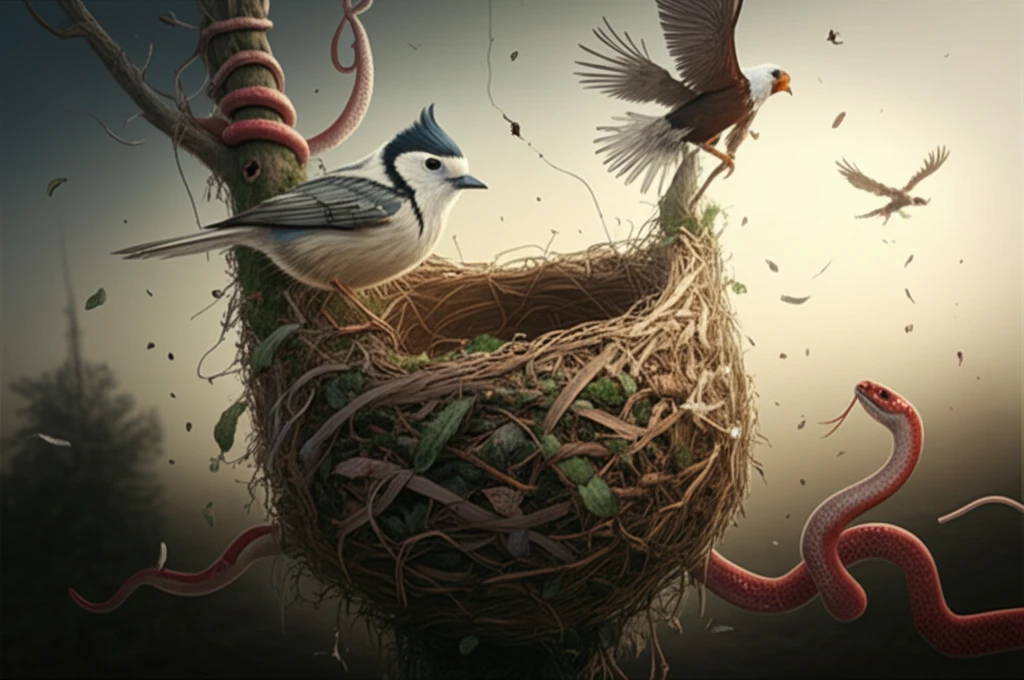 Silver-throated Tit perched high on a nest, surrounded by lurking predators.