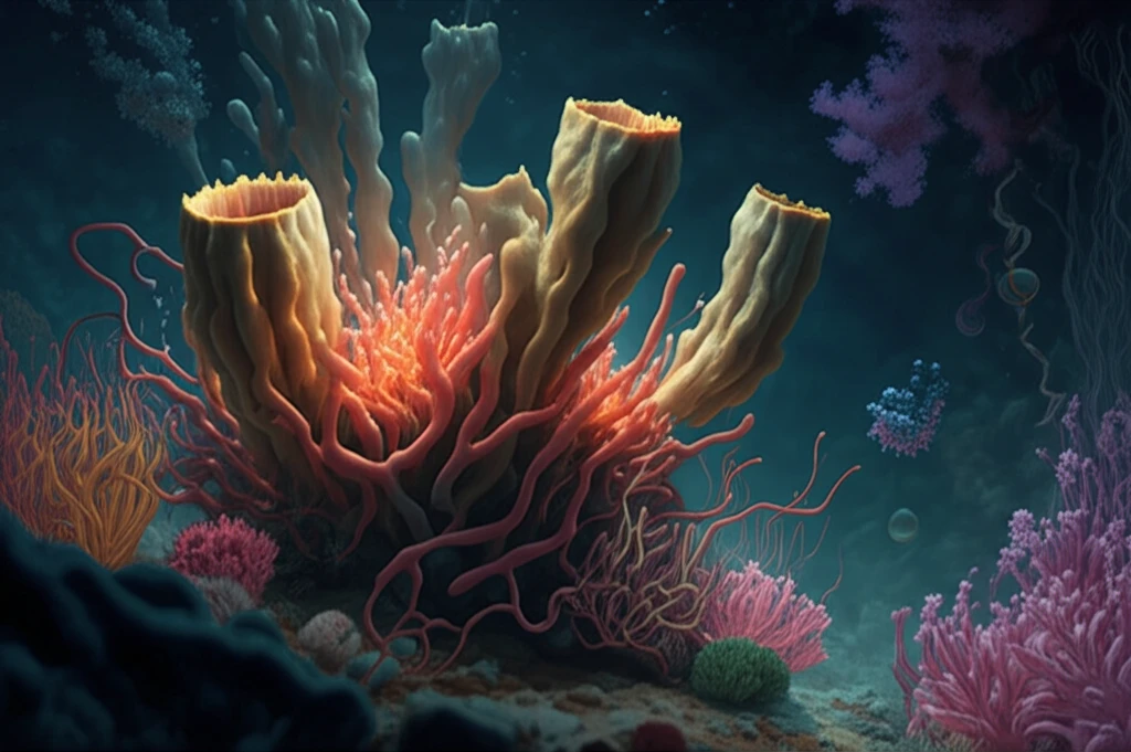 Surreal illustration of marine sponges and molecular structures representing the link between nature and science.