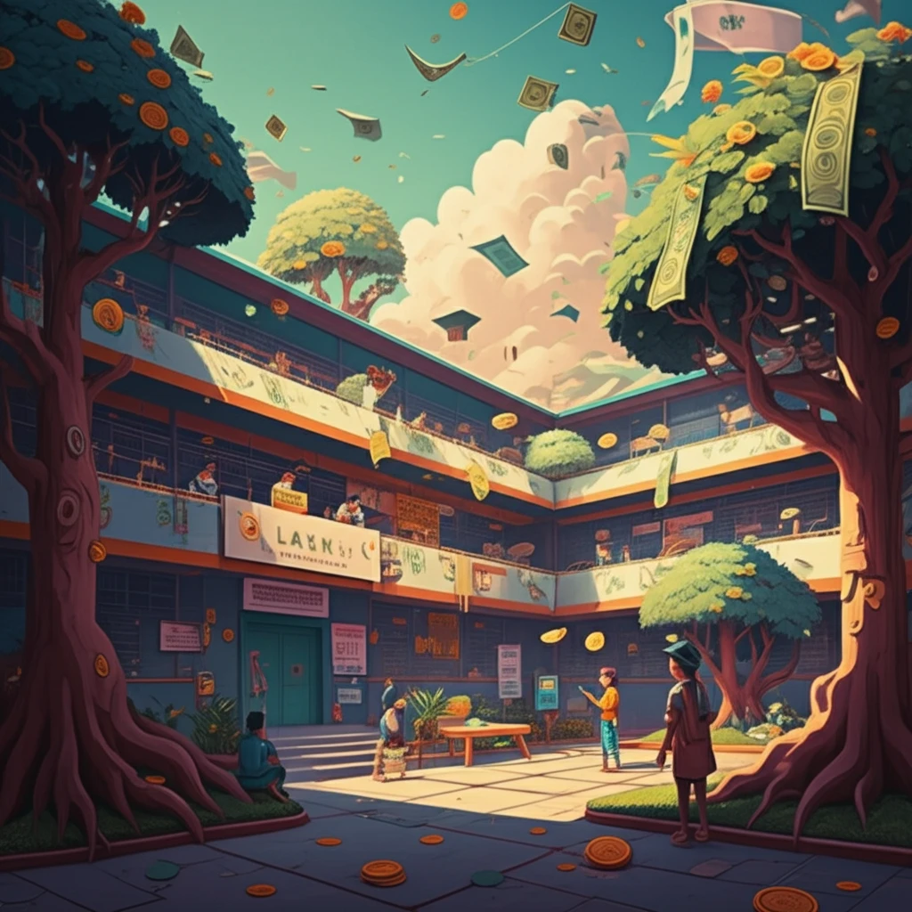 Surreal illustration of money trees on a Latin American university campus, symbolizing innovative funding for education.