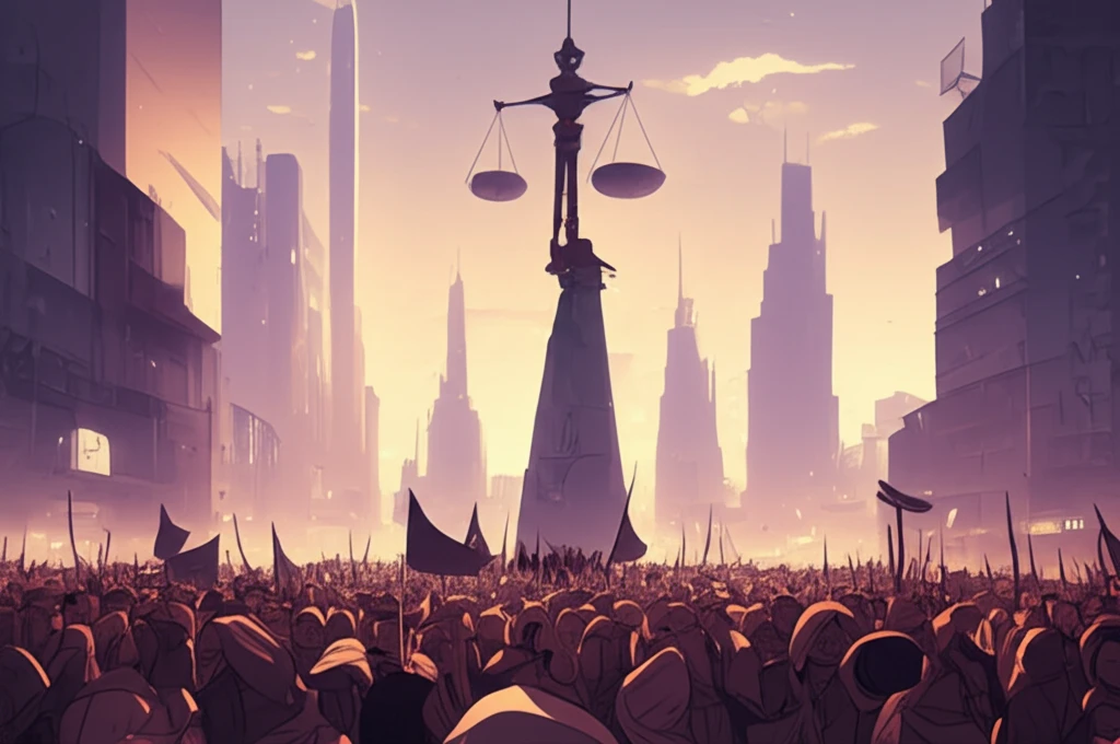 A digital illustration symbolizing the march for justice in Latin America, with scales of justice in the sky.