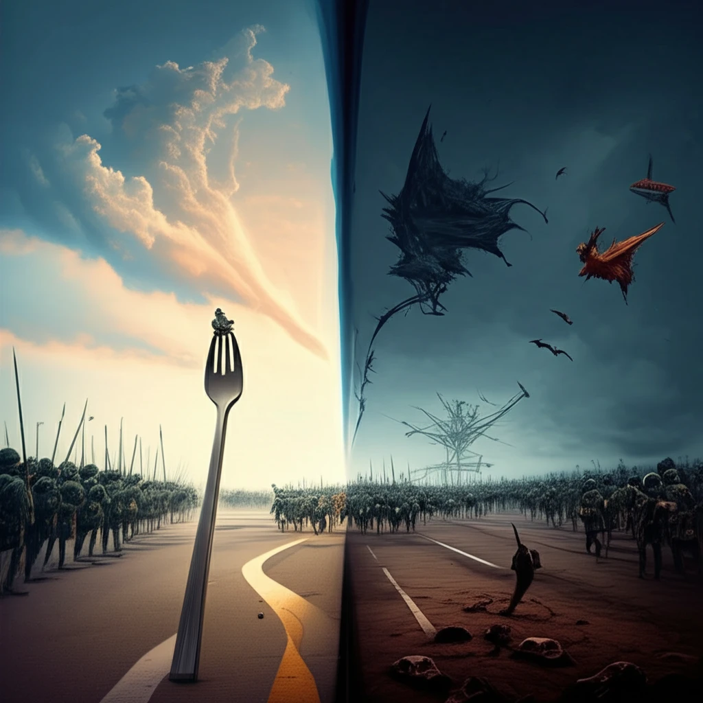 A surreal depiction of the two paths, one bright and the other dark, with soldiers heading towards the dark path.