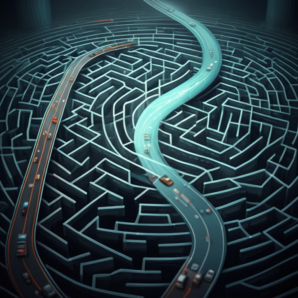 Complex maze transforming into a streamlined highway.