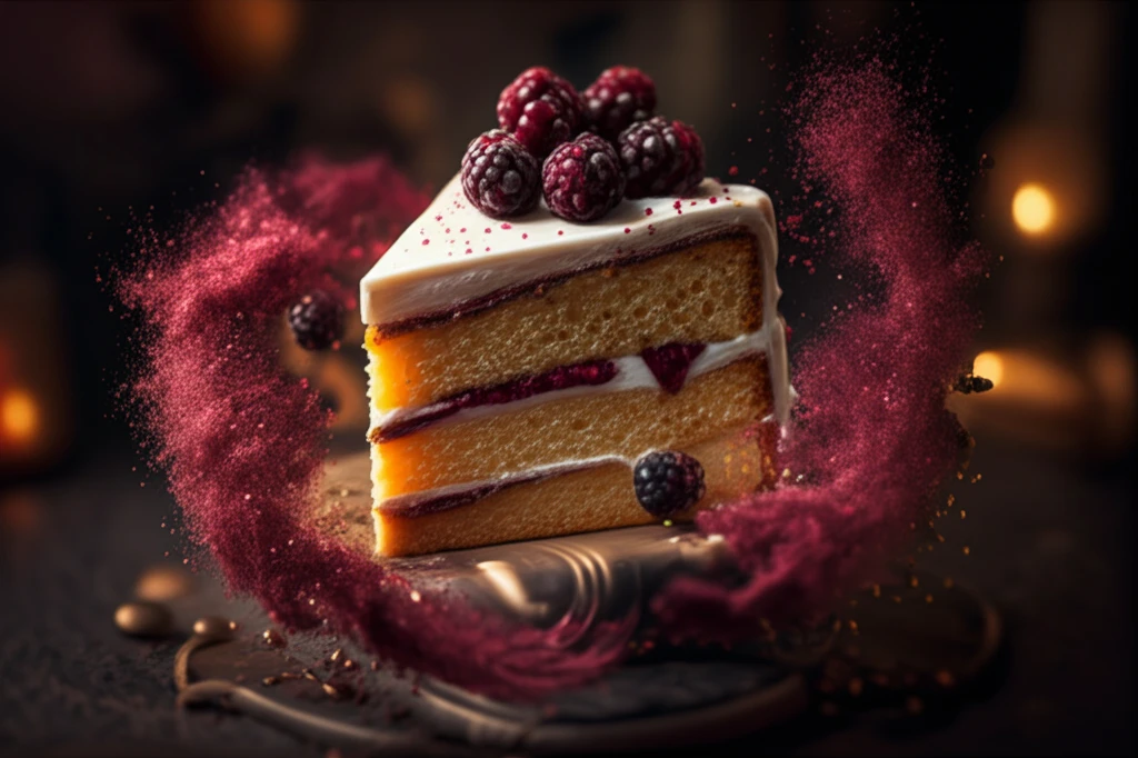Sponge cake slice infused with Rubus coreanus, showcasing its antioxidant benefits.