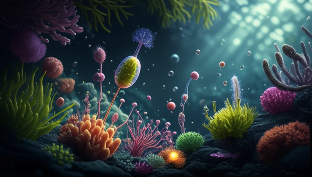 A vibrant, bioluminescent underwater world teeming with diverse microalgae species.