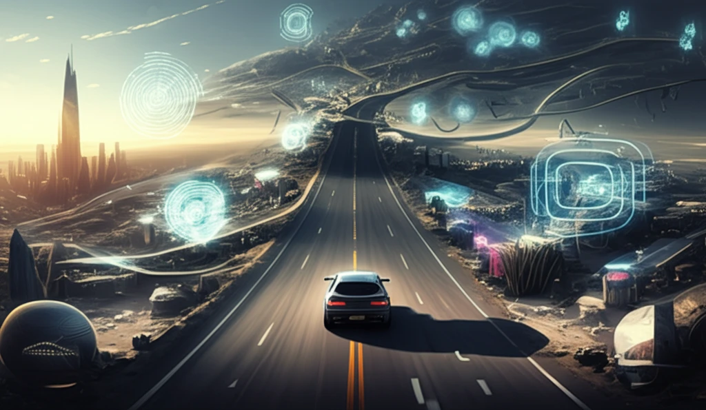 Futuristic car adapting to changing road conditions with AI.