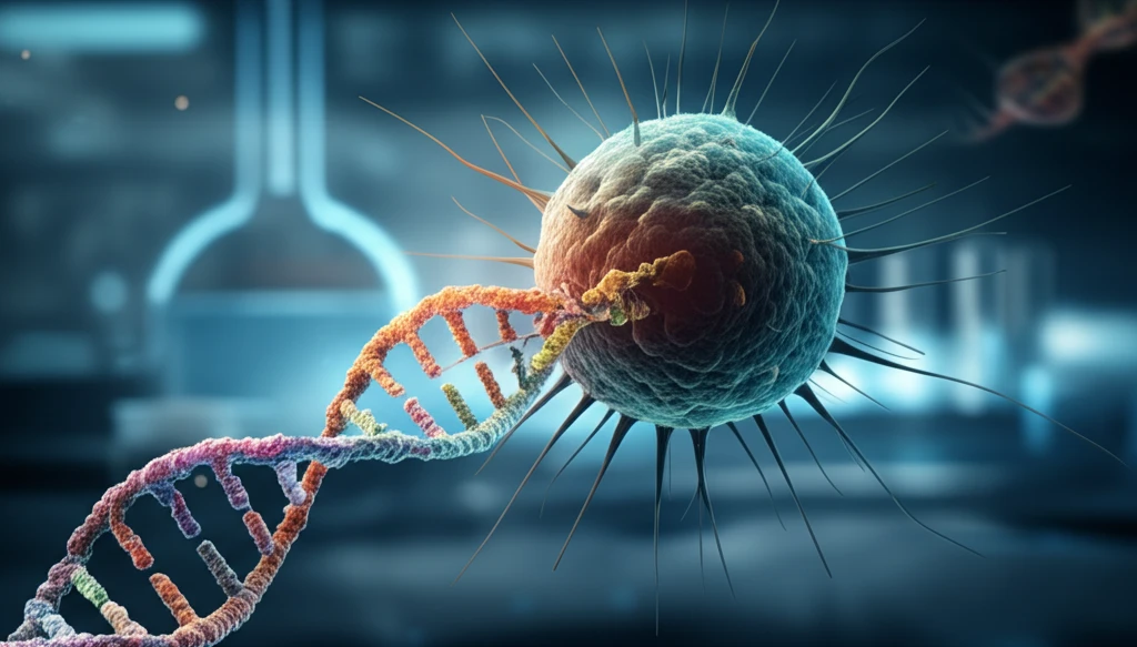 Abstract illustration of a yeast cell with codons woven into DNA strands, symbolizing the complexities of gene expression and the hidden language within.