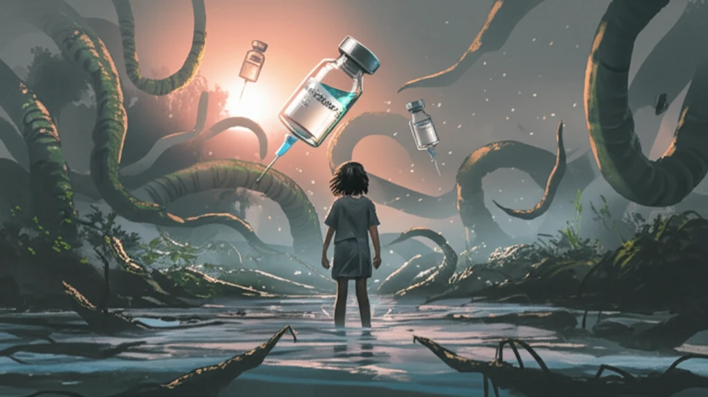 A child stands in a river with worms and vaccine vials, representing schistosomiasis and vaccine effectiveness.
