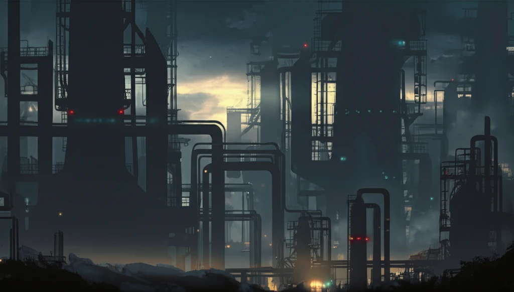 Futuristic industrial landscape with advanced safety measures.