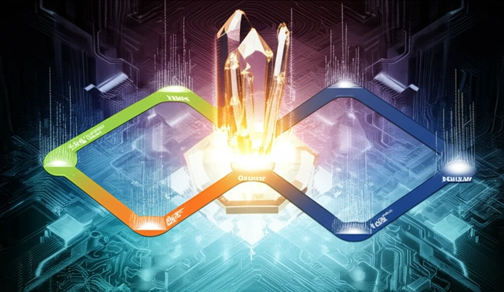 Data streams converging into a multifaceted crystal, symbolizing data mining and analysis tools.