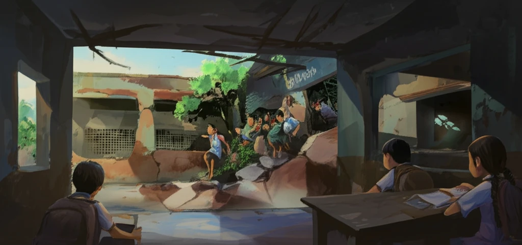 Surreal image of a dilapidated school in India symbolizing the failure of the Right to Education Act.