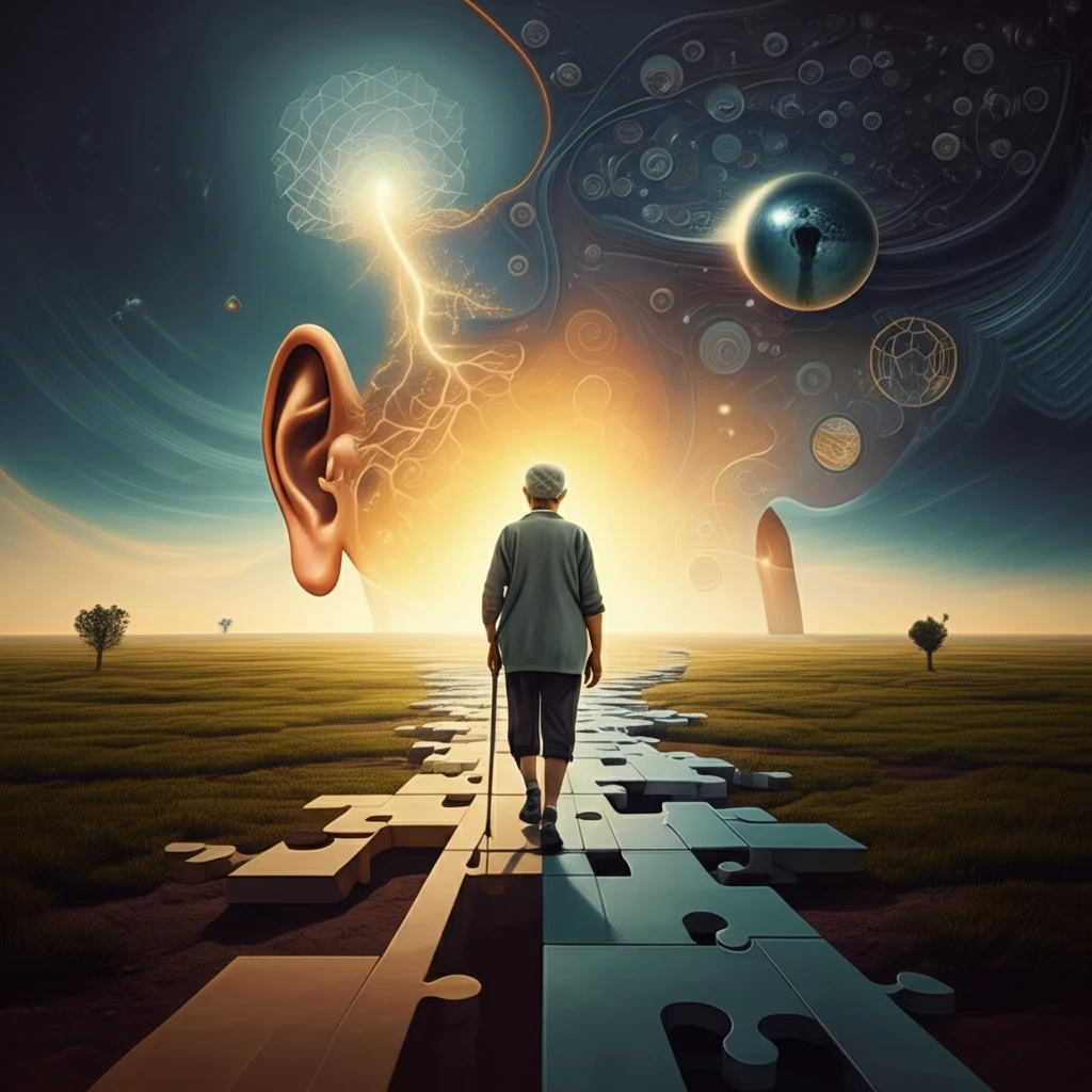 Surreal illustration of an older adult walking on a balance path.