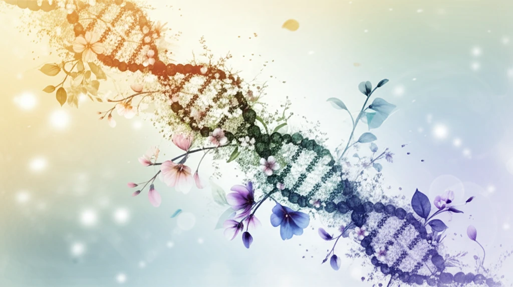 DNA strands interwoven with flowers, symbolizing genetics and health.