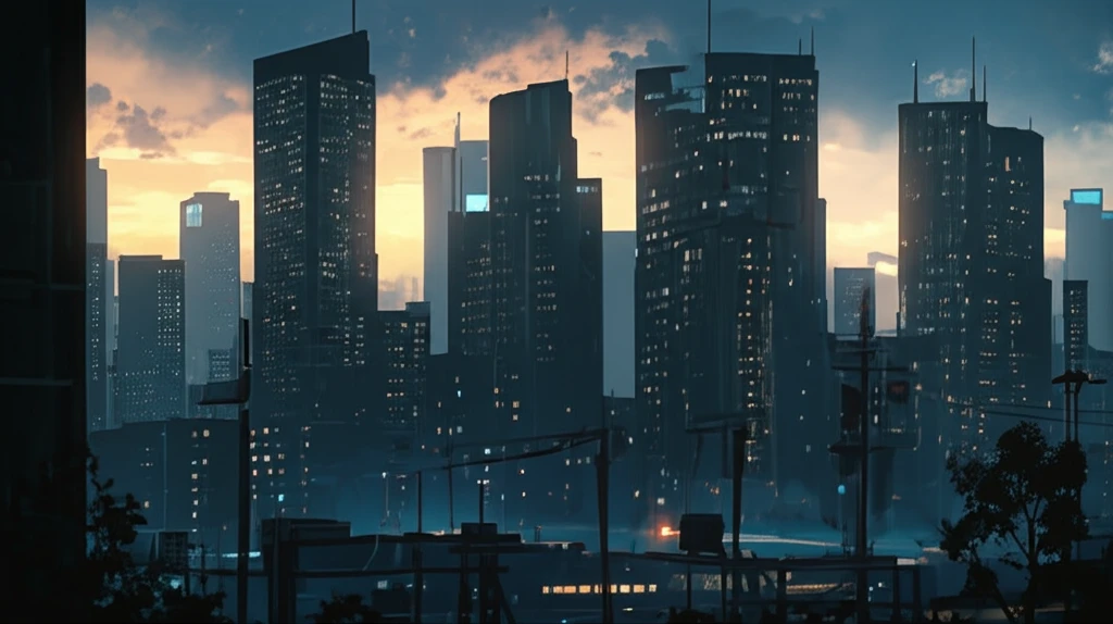 Futuristic cityscape with buildings covered in glowing, flexible thin-film solar panels.