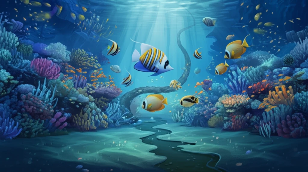 A surreal depiction of the contrast between a healthy coral reef and sewage pollution.
