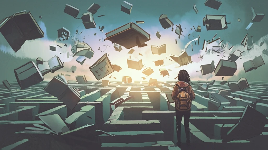 A student navigating a maze of books, symbolizing the challenges and path to mental clarity in college.
