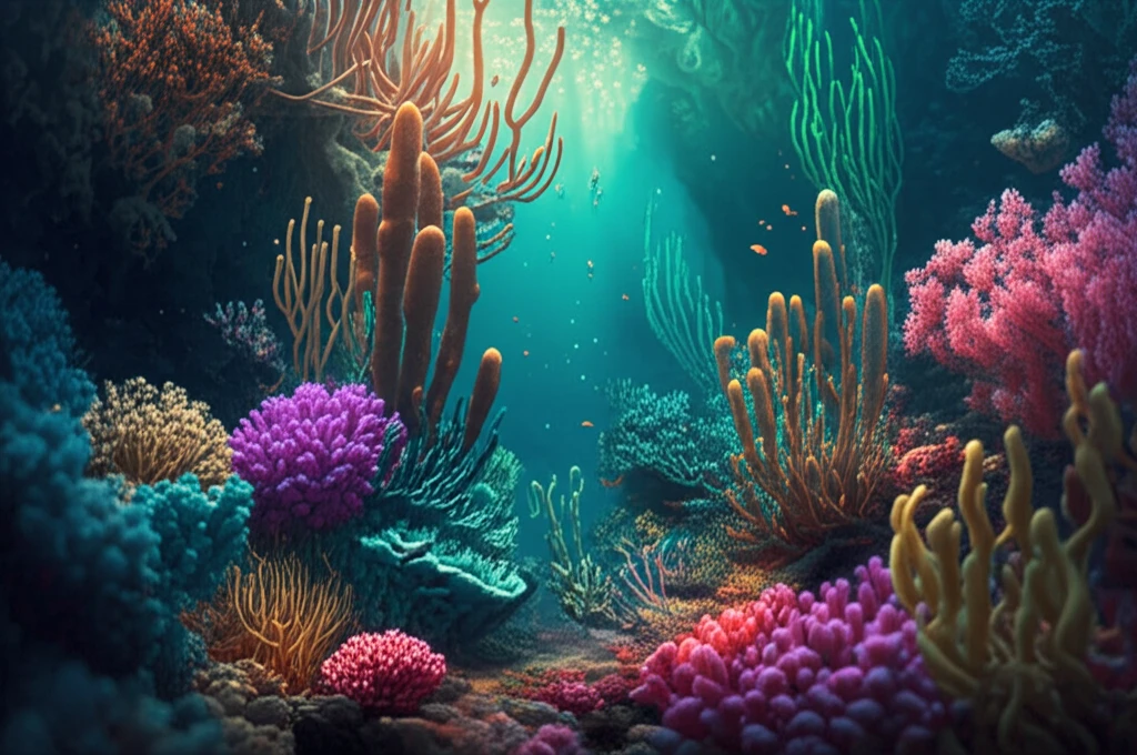 Intertidal coral reef teeming with life, showcasing resilient corals and sponges.